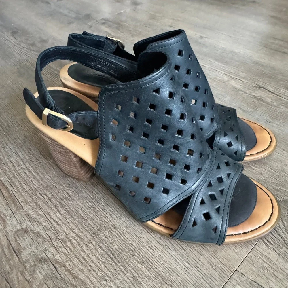 Born‎ Black Leather Havana Perforated Block Heel Slingback Sandals Size 8M